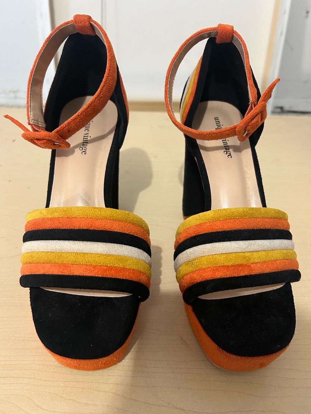 Unique Vintage Striped Suede Platform Heels